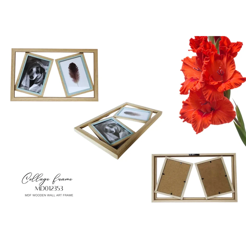 MDF wooden collage photo frame with dual display featuring two angled pictures and decorative red flowers for presentation.