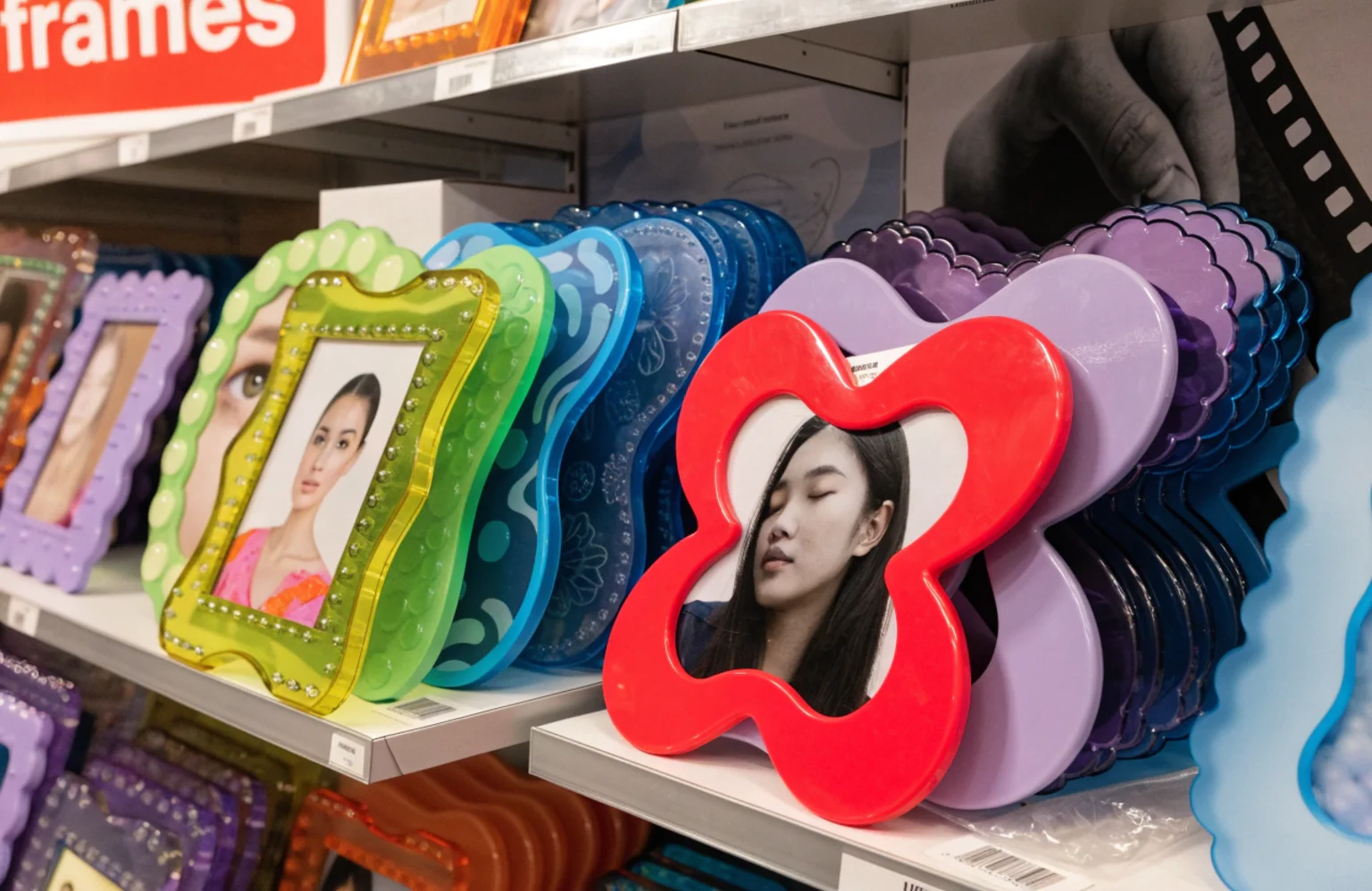 Decorative Plastic Photo Frames A collection of modern decorative plastic photo frames on a store shelf
