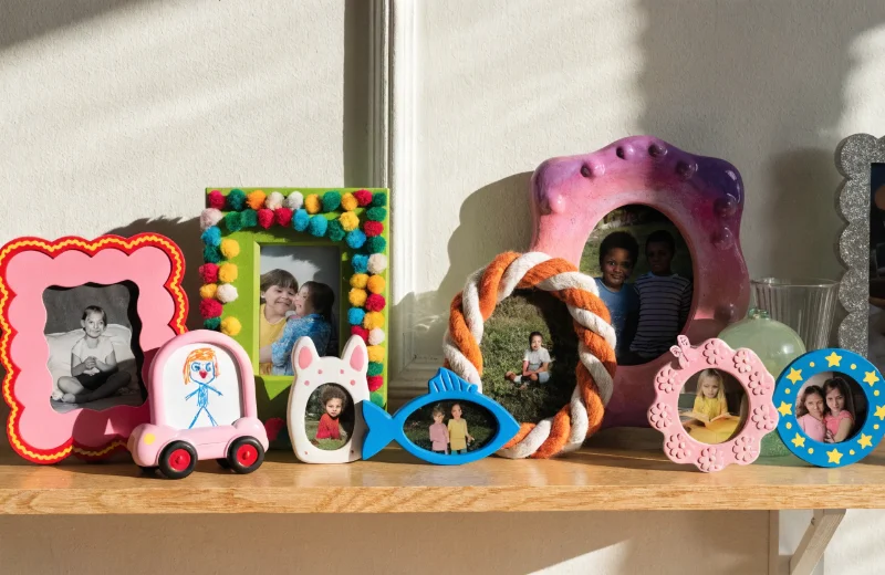 Colorful Kids' Photo Frames A colorful and fun collection of kids' photo frames on a shelf.