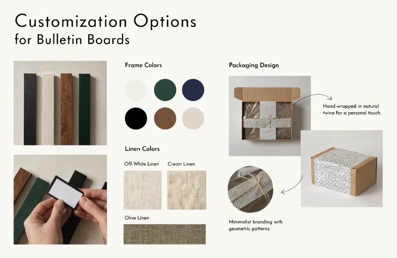 Customization Options for Bulletin Boards A mood board showing custom frame colors, linen swatches, and packaging designs.