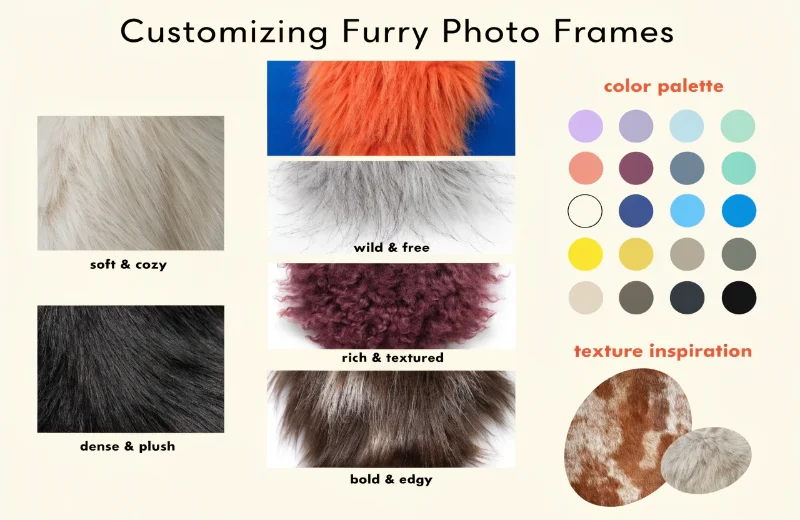 Customizing Furry Photo Frames A mood board showing different furry textures and a wide palette of color swatches.
