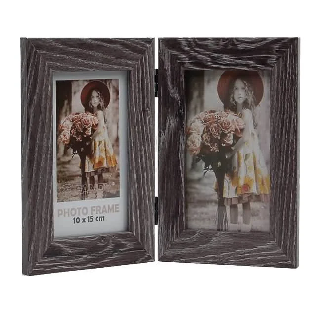 Double wooden hinged photo frame with a vintage dark wood finish, holding a photo of a girl with flowers, measuring 10x15 cm.