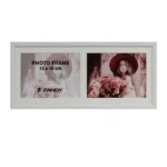 A white double photo frame showing two compartments for 13x18 cm photos, displayed with an artistic image and a placeholder.