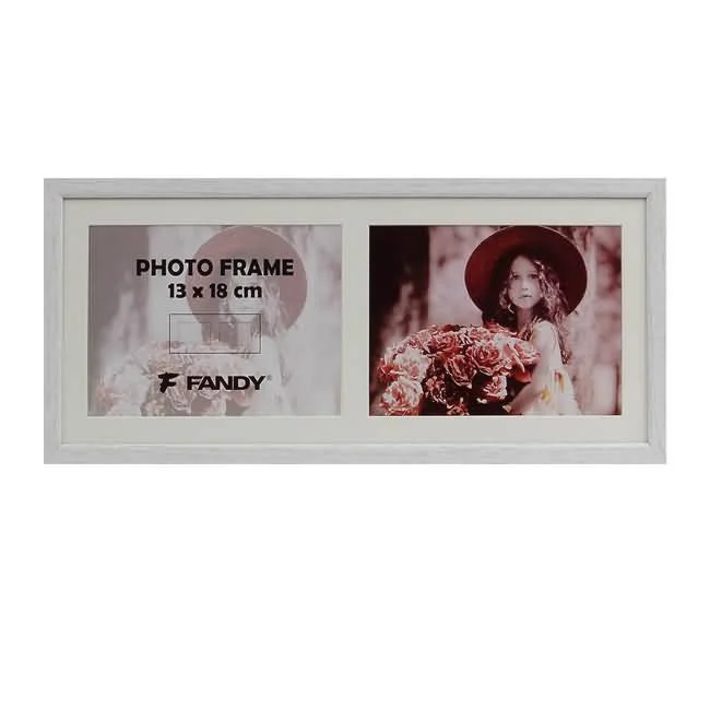 A white double photo frame showing two compartments for 13x18 cm photos, displayed with an artistic image and a placeholder.