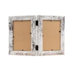 Dual-hinged rustic whitewashed photo frame with two openings for pictures, featuring distressed wood design.
