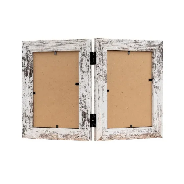 Dual-hinged rustic whitewashed photo frame with two openings for pictures, featuring distressed wood design.