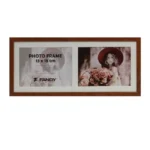 Brown wooden dual photo frame with two compartments; one with printed placeholder text and one showing a photo of a girl holding flowers.