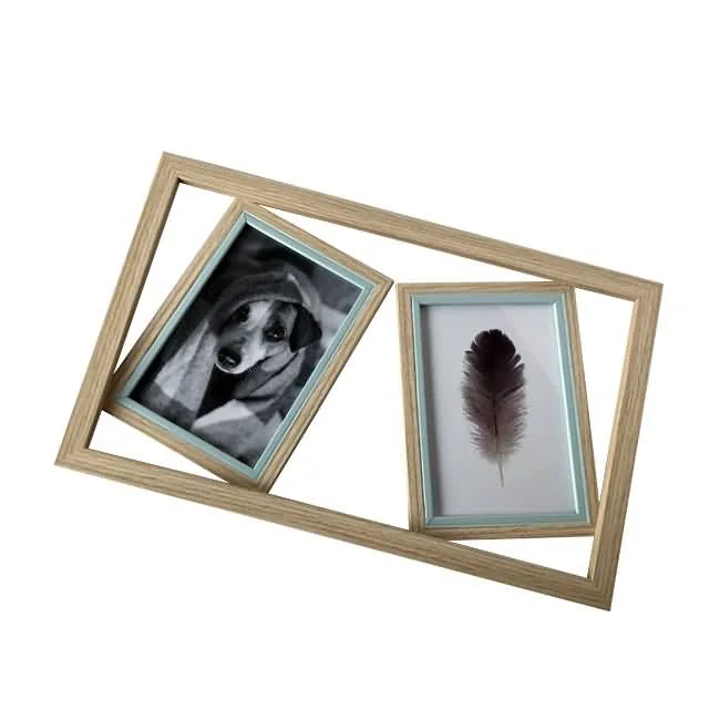 Modern wooden photo frame with dual compartments, featuring a dog photo and feather art in a light and stylish angled design.