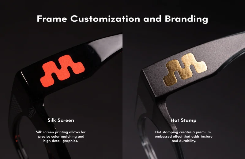 Frame Customization and Branding A close-up shot showing different logo application techniques on frames: silk-screen and hot stamp.