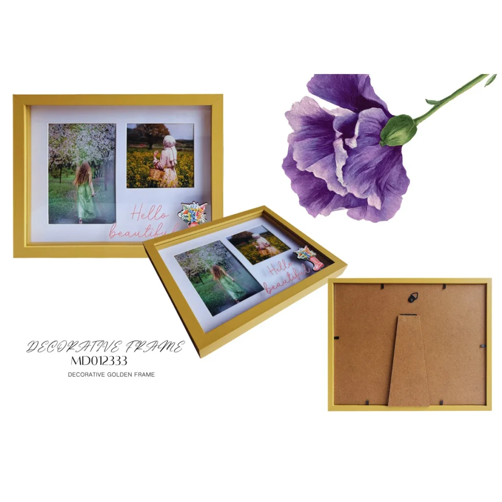 Golden decorative photo frame with purple flower, featuring two photo slots and a back stand for display.