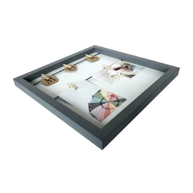 Gray rectangular photo frame with integrated memo holder clips and displayed photos, ideal for home or office decor.