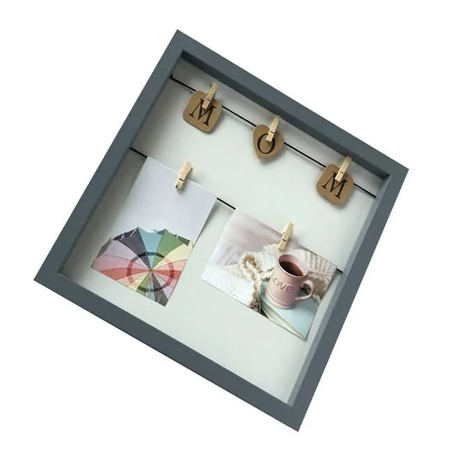 Grey square photo frame with a decorative wire display holding photos and wooden letters spelling 'MOM' on wooden clips.