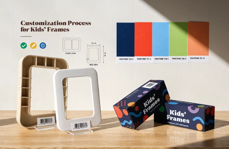 Customization Process for Kids' Frames A design table showing custom frame molds, Pantone color swatches, and branded packaging mockups.