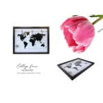 Black MDF collage photo frame with a world map design and clips. Pink tulip flower decorates the corner of the image.