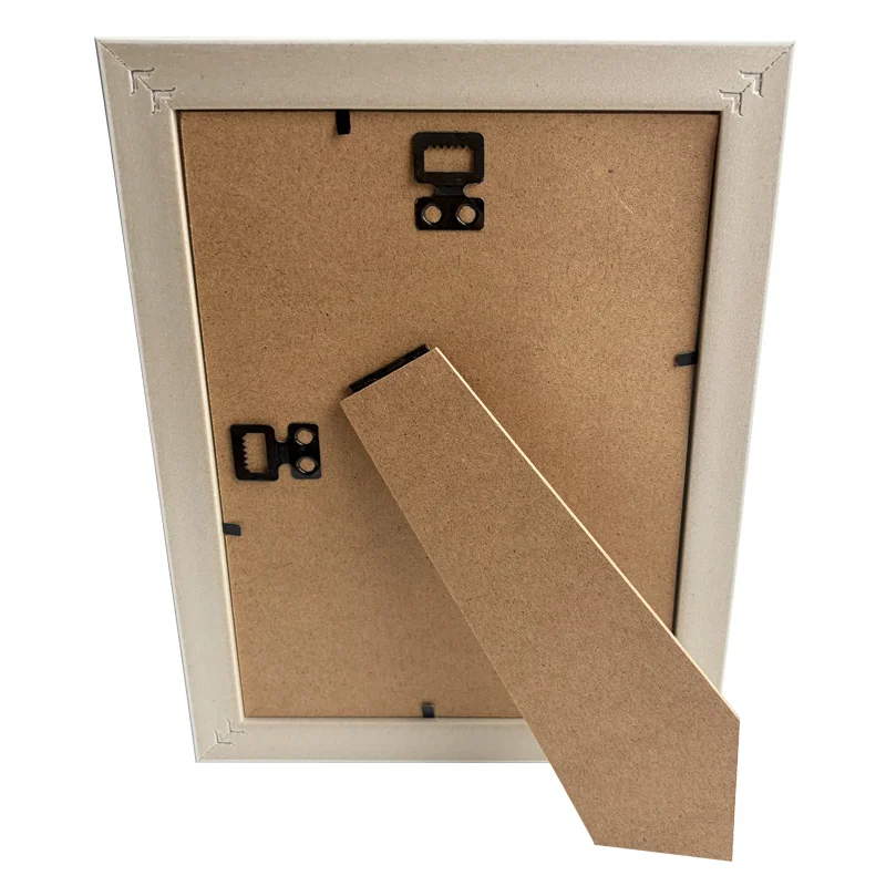 Back view of an MDF photo frame with sturdy stand and mount hooks, showcasing a beige frame and practical design.