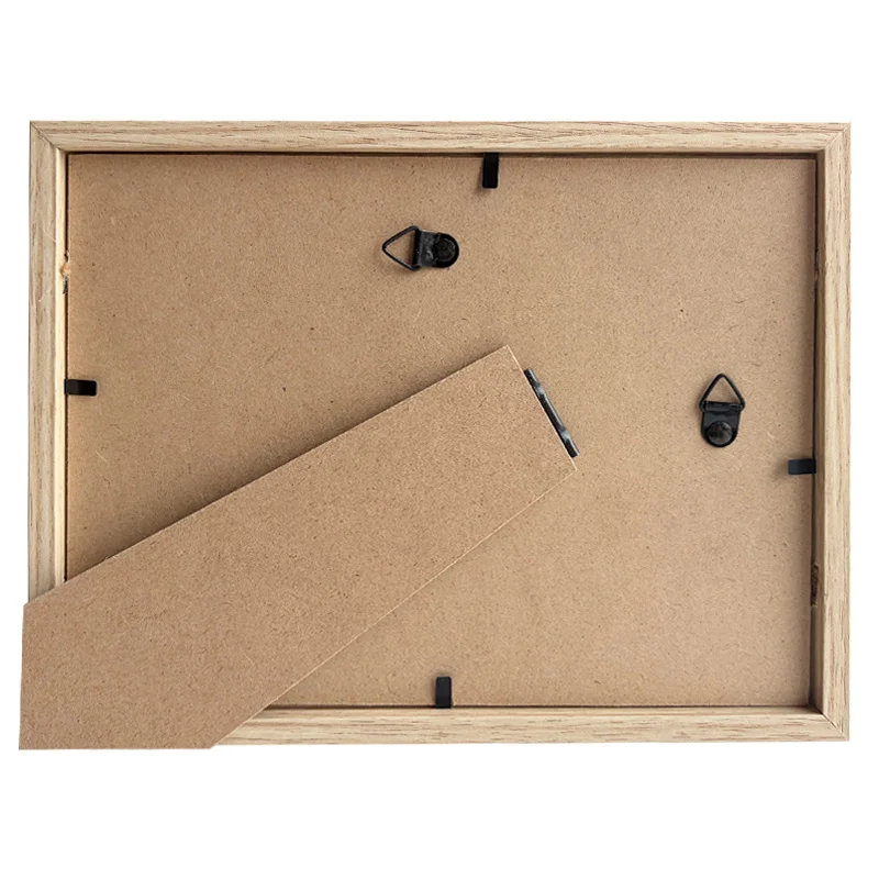 MDF photo frame backing with adjustable stand, wall hooks, and secure clips for display options.