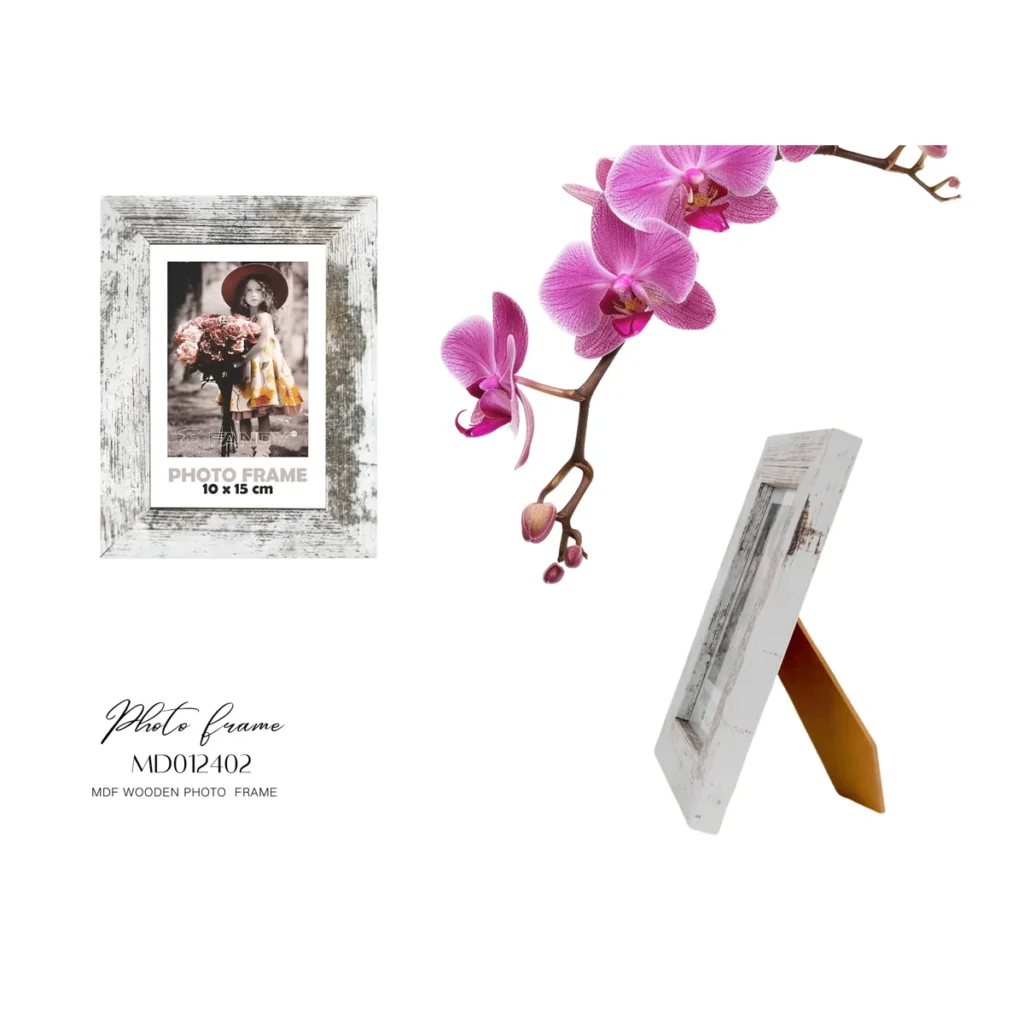 Rustic white MDF wooden photo frame with a 10x15 cm picture slot, featuring a decorative pink orchid flower beside it.