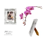 Rustic white MDF wooden photo frame with a 10x15 cm picture slot, featuring a decorative pink orchid flower beside it.