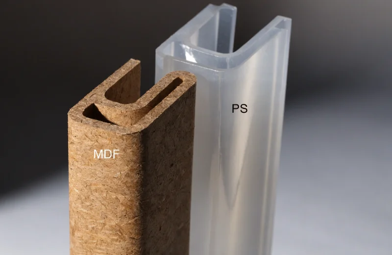 MDF and PS Frame Materials Close-up of an MDF and a PS plastic frame side-by-side.