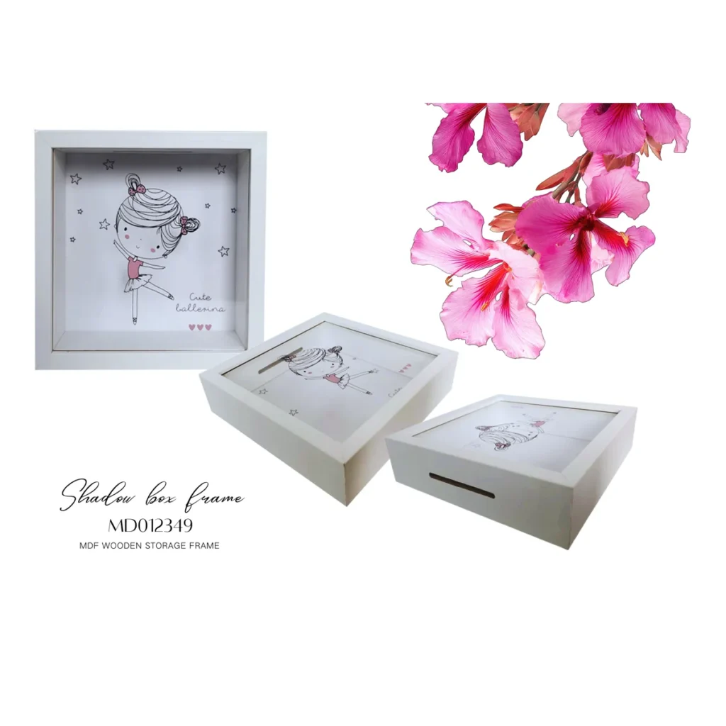 White MDF shadow box frame featuring a ballerina design, shown with pink flowers for decoration and alternative angles.