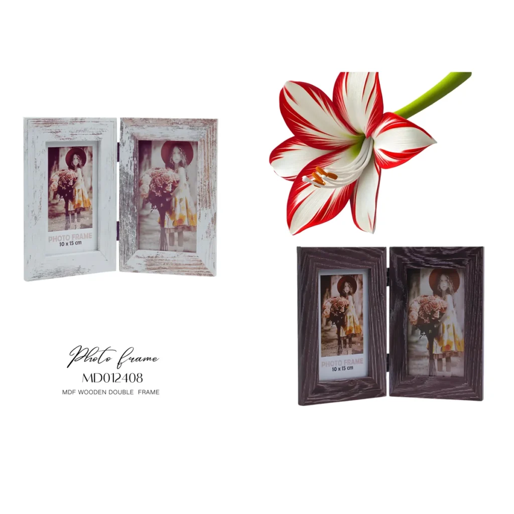 MDF wooden double photo frame in rustic white and dark brown finishes, showcasing two portrait photographs, alongside a red and white flower.