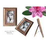 Rustic brown MDF wooden photo frame featuring a black-and-white photo of a dog, placed alongside a pink flower and side profile view.