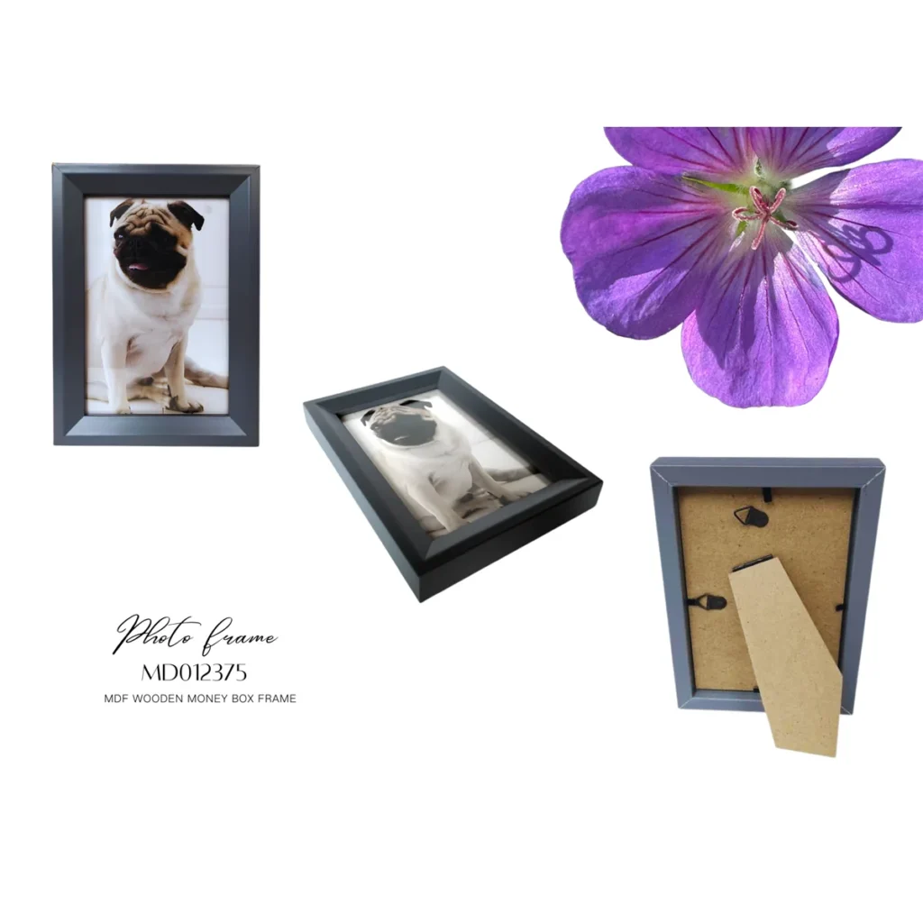 MDF wooden money box photo frame featuring a dog portrait, with views of the front, angled side, and rear display stand.