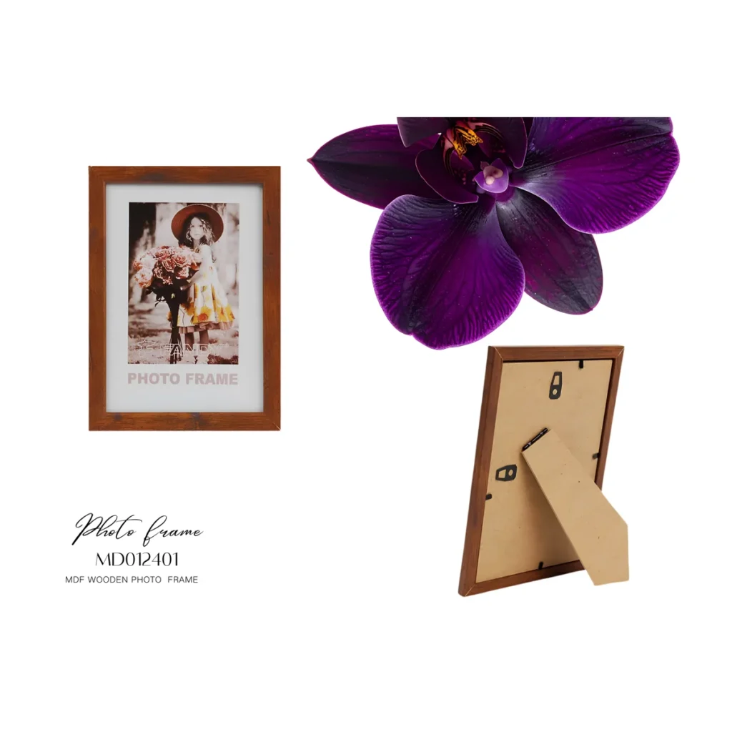 Brown MDF wooden photo frame showcasing a vintage-style photograph next to a vibrant purple orchid flower. Back view of the frame is visible.