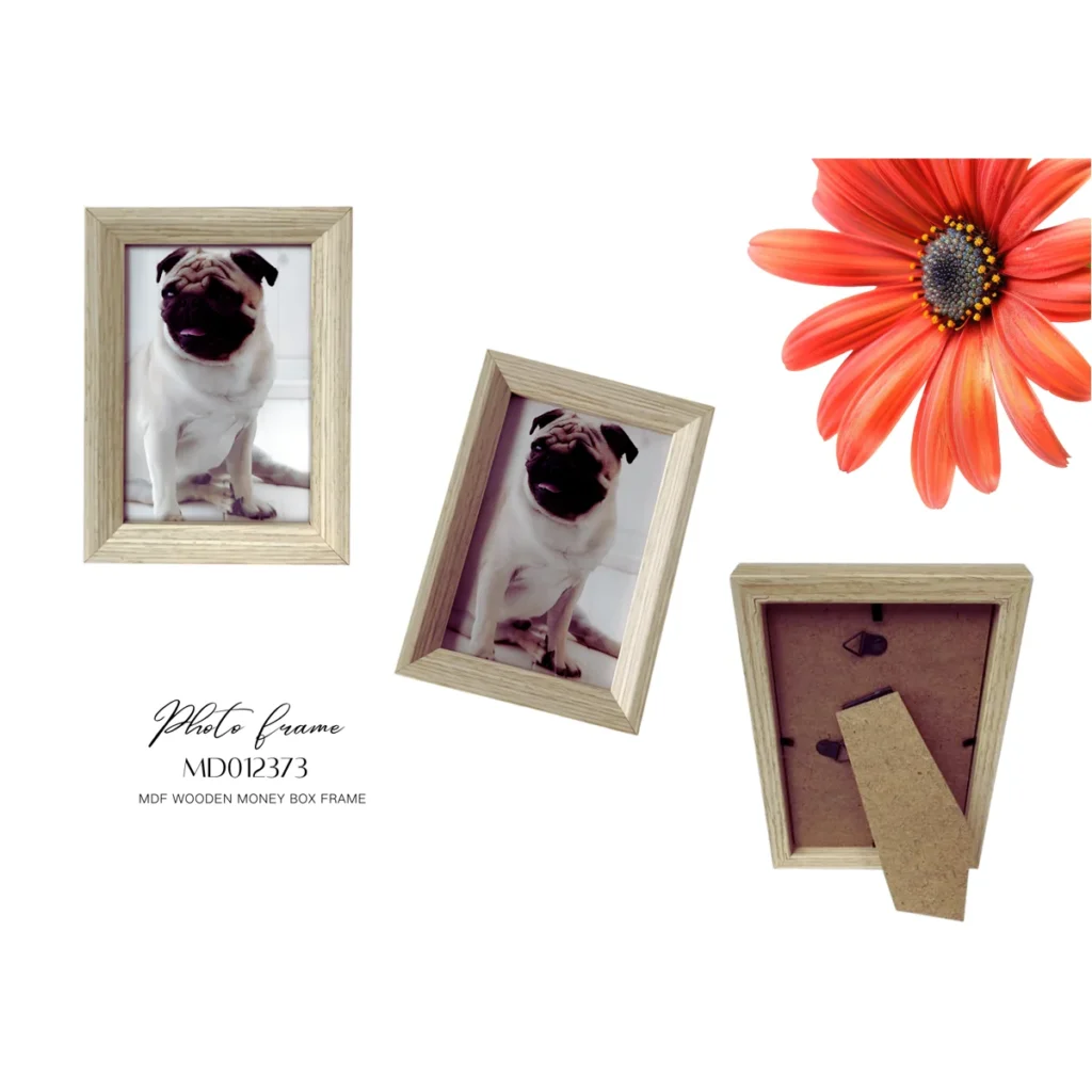 MDF wooden photo frame showcasing a pug picture, displayed in upright and tilted angles, with back support and orange flower accent.