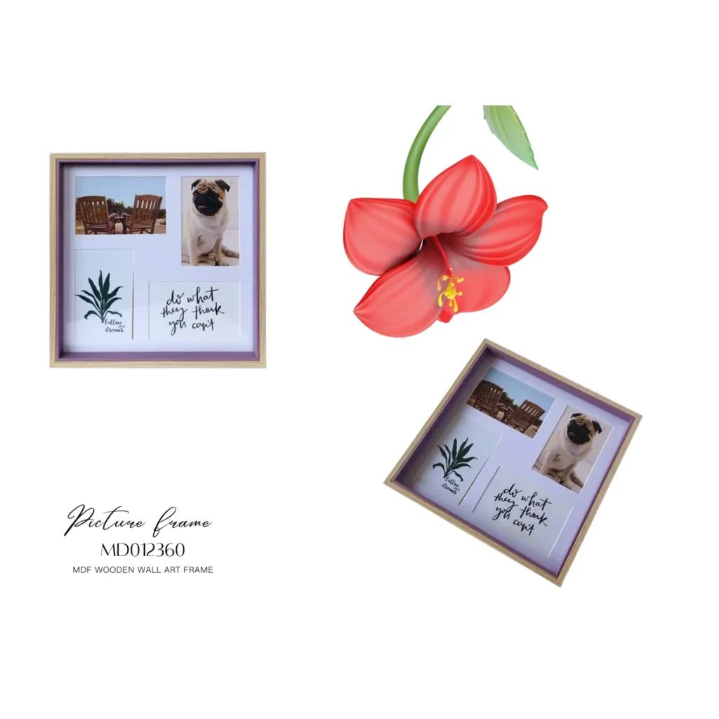 Square MDF wooden picture frame with collage design featuring photos and quotes, accompanied by a red flower illustration.