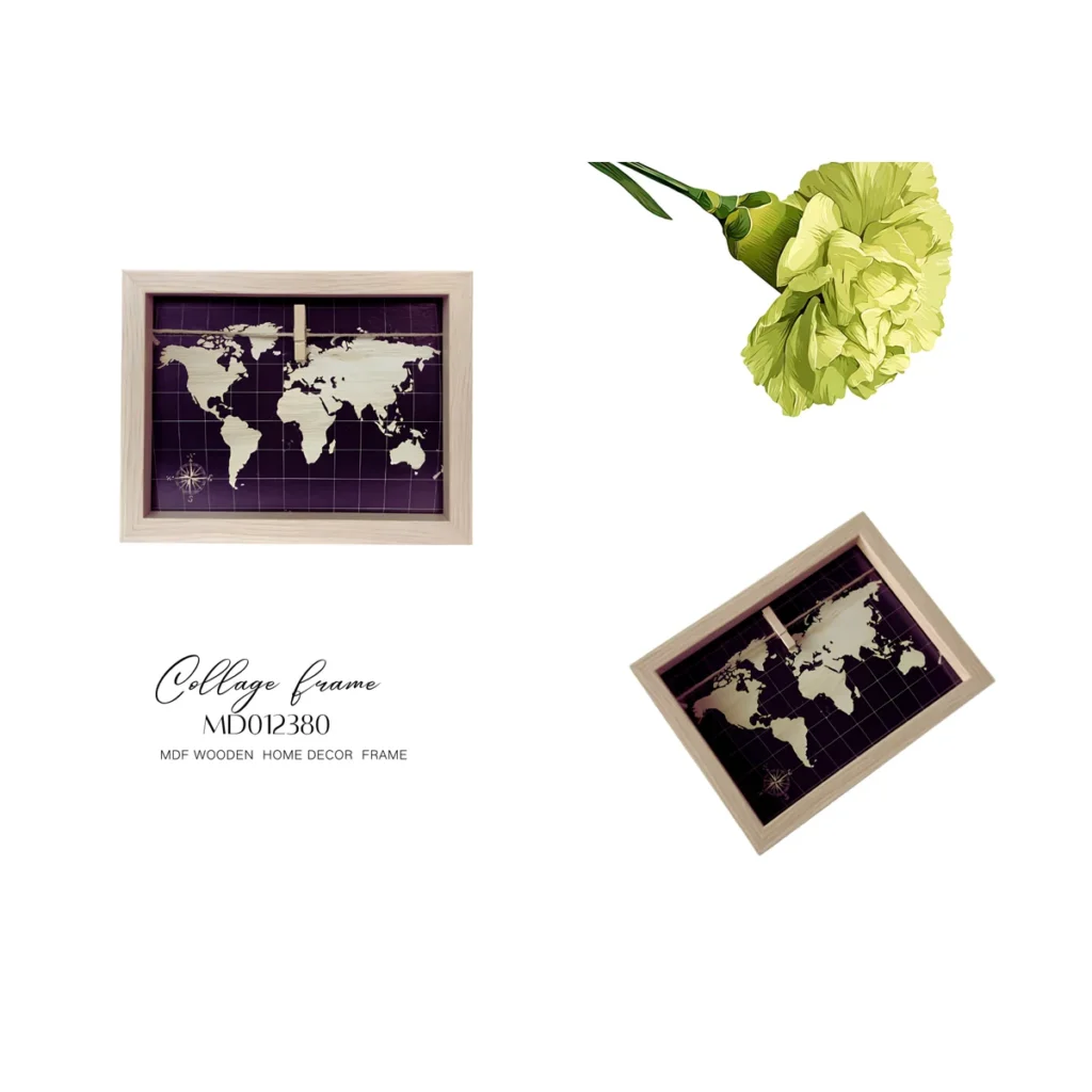 MDF wooden collage photo frame featuring a world map design in a natural wood finish, accompanied by a light green flower illustration.