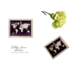 MDF wooden collage photo frame featuring a world map design in a natural wood finish, accompanied by a light green flower illustration.
