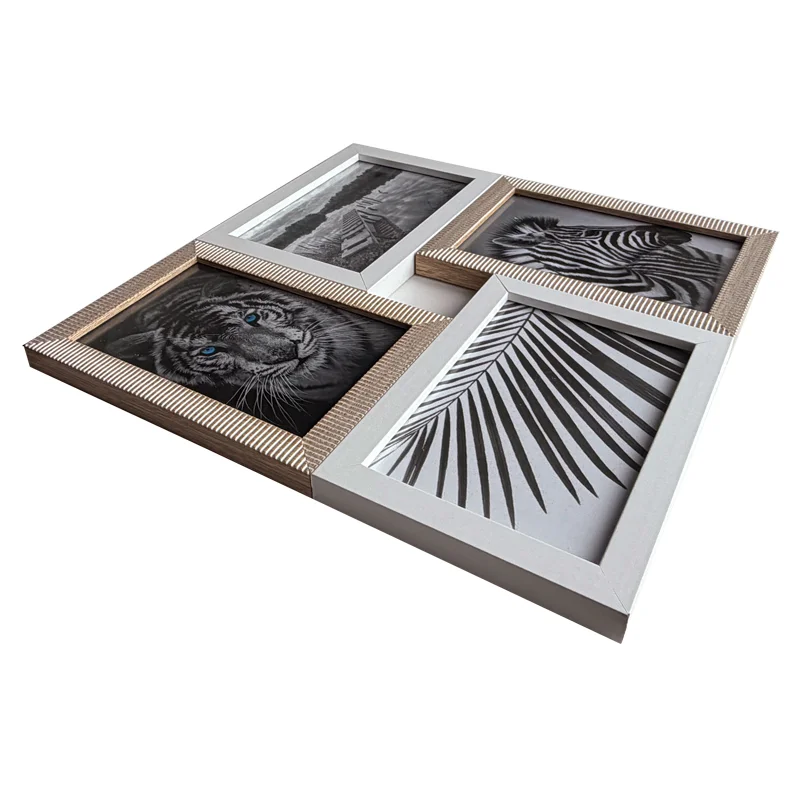 Modern wall photo frame collage featuring four sections with black-and-white prints, including animal and nature themes.
