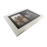 A modern silver photo collage frame featuring two pictures with a sleek, beveled edge design, lying flat on a white surface.