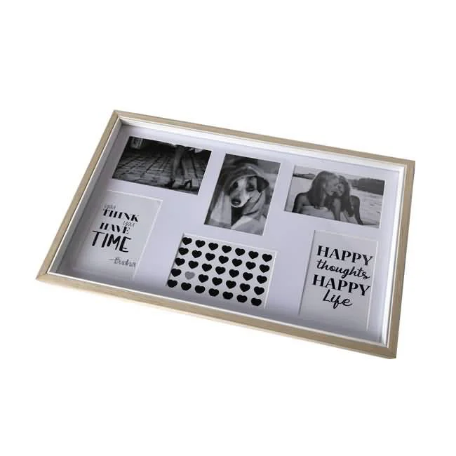 Sleek multi-photo collage frame with six slots featuring black and white photos and inspirational text, enclosed in a light wood border.