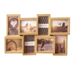 A collage of wooden frames arranged in a decorative layout featuring landscape photos, quotes, and patterns, themed for home decor.