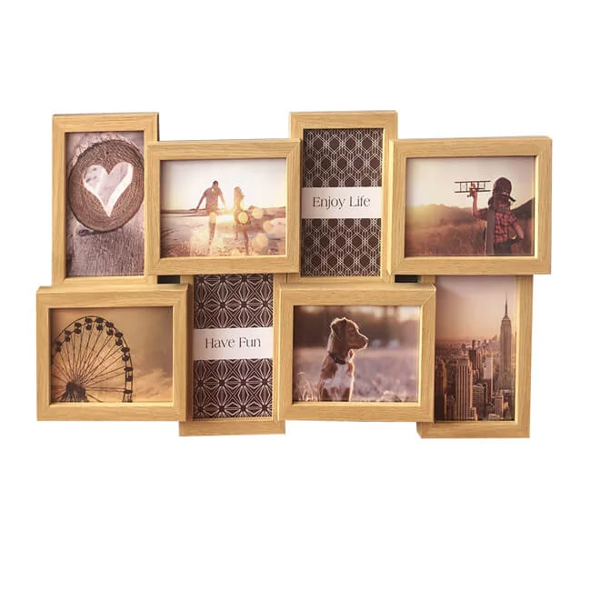 A collage of wooden frames arranged in a decorative layout featuring landscape photos, quotes, and patterns, themed for home decor.