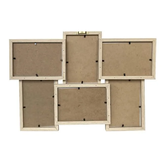 Wooden multi-photo collage frame with six empty slots for pictures or artwork, showcased against a white background.