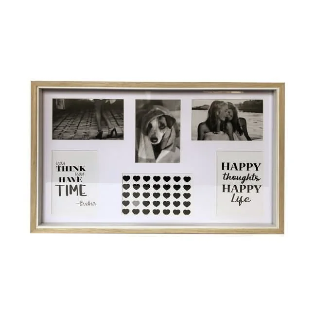 A multi-photo collage frame with a natural wood border showcasing various black-and-white photos and motivational quotes.