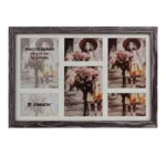 A multi-photo collage frame with a brown wood-like border featuring several sections for photos, showcasing floral and portrait images.