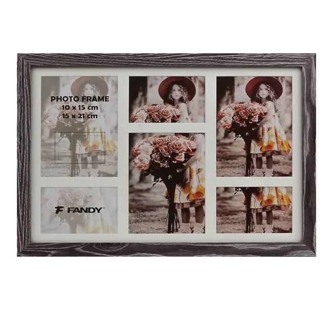 A multi-photo collage frame with a brown wood-like border featuring several sections for photos, showcasing floral and portrait images.
