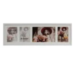 White multi-photo frame with five slots displaying floral images and a young girl holding flowers, accompanied by a brand logo.