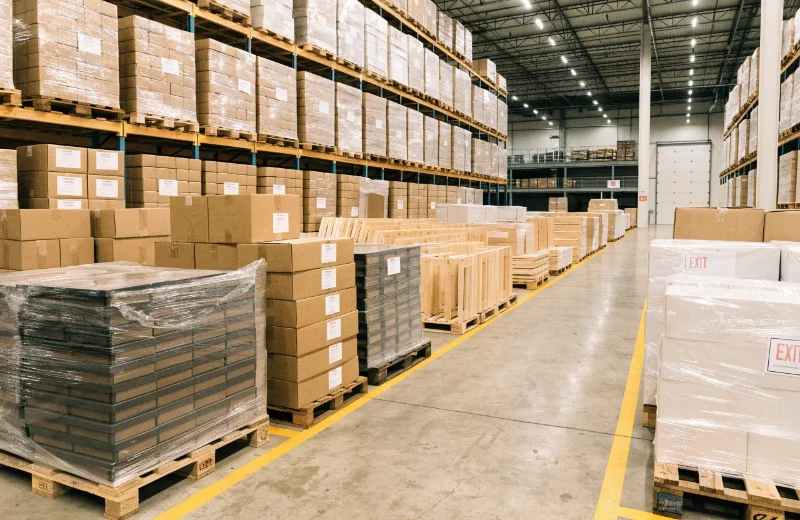 Large-Scale Promotional Order Fulfillment A photo of a large, organized warehouse with pallets of boxed frames ready for shipping.
