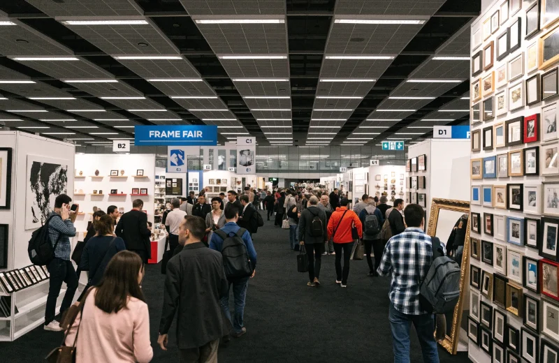 A bustling trade show floor at a major frame and decor fair.