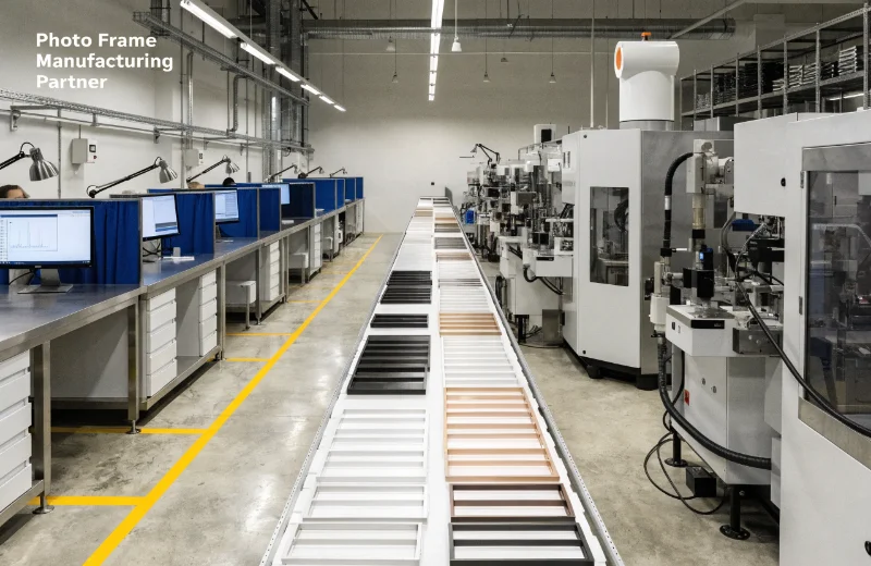 Photo Frame Manufacturing Partner Photo of a clean, organized factory production line for photo frames.