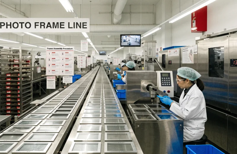 Photo Frame Factory Production Line A busy, clean, and organized photo frame production line in a factory