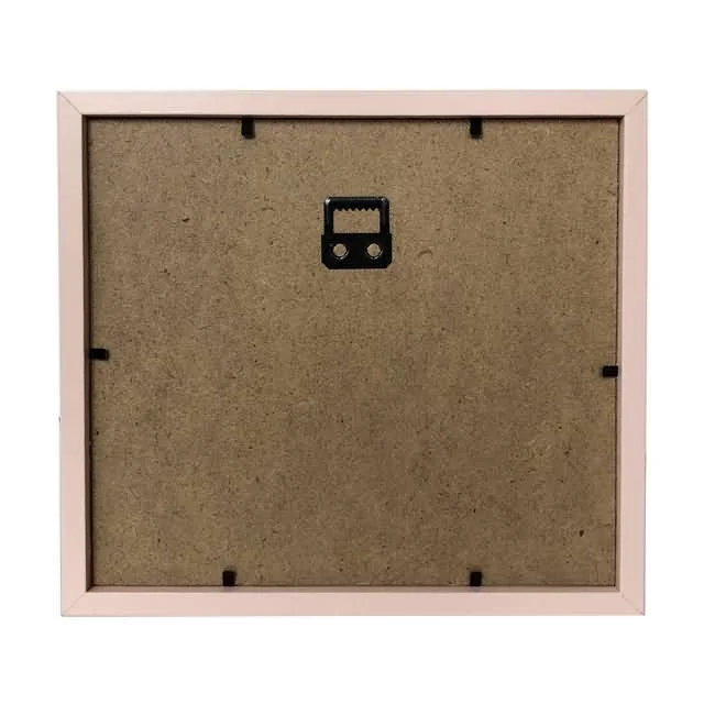 Back panel of a square pink photo frame featuring MDF backing and a metal hanging hook centered for wall mounting.