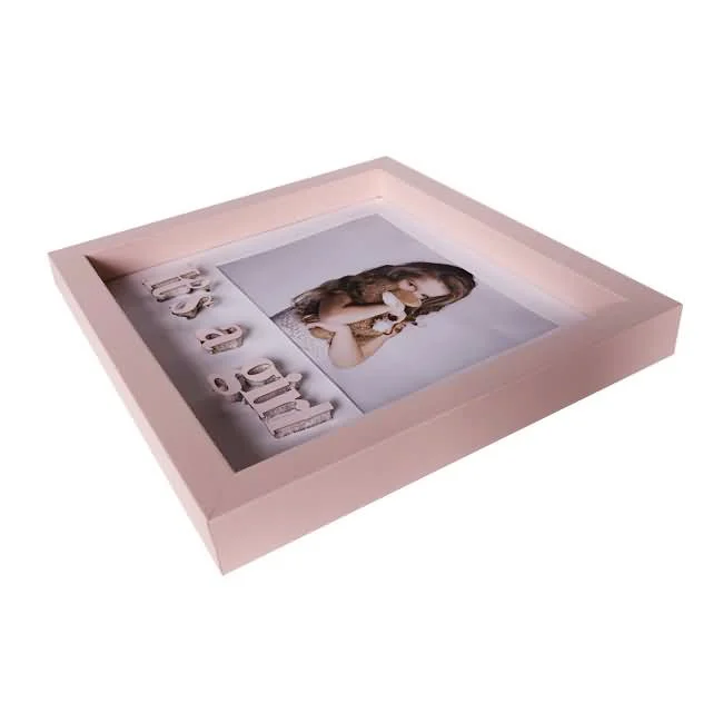 Light pink square photo frame featuring a baby announcement message 'It's a girl' with a child photo insert.