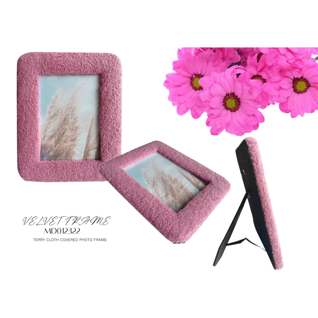 A pink terry cloth velvet photo frame displayed from different angles, with an artistic nature photograph inside and pink flowers in the background.