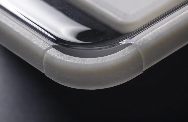 Safe and Durable Kids' Frame Materials A close-up showing the rounded corner of a PS plastic kids' frame and a flexible acrylic front.